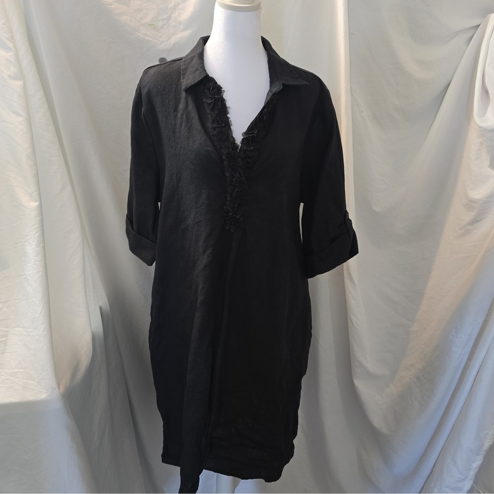 Chico's 100% Linen Black Dress 3D Floral Trim Sz 3 (XL) Minimalist Classic